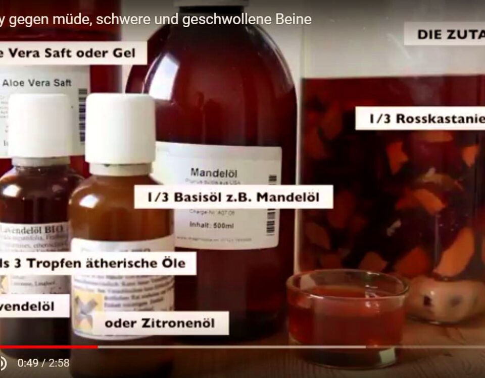 Inhaltsstoffe für ein Rosskastanien Beinspray gegen müde und schwere Beine.