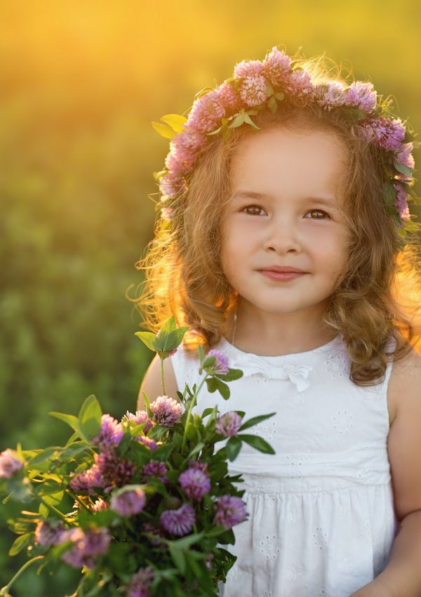 A bouquet of clover flowers in the hands of a child.