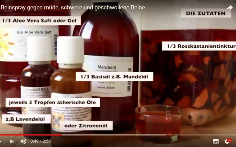 Inhaltsstoffe für ein Rosskastanien Beinspray gegen müde und schwere Beine.